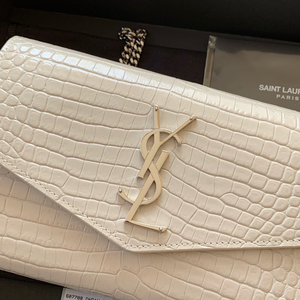New Authentic Saint Laurent Uptown Chain Wallet Bag - White Croc